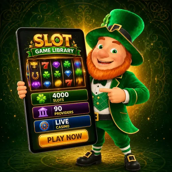 Lucky the leprechaun showcasing PotsOfLuck Casino mobile app with vibrant slot games on tablet screen