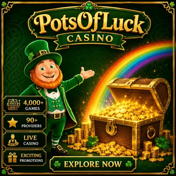 Lucky the Leprechaun showcasing PotsOfLuck Casino treasure chest overflowing with games
