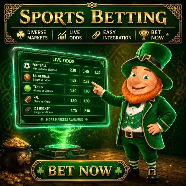 Lucky the leprechaun points at sports betting odds on glowing emerald board at PotsOfLuck