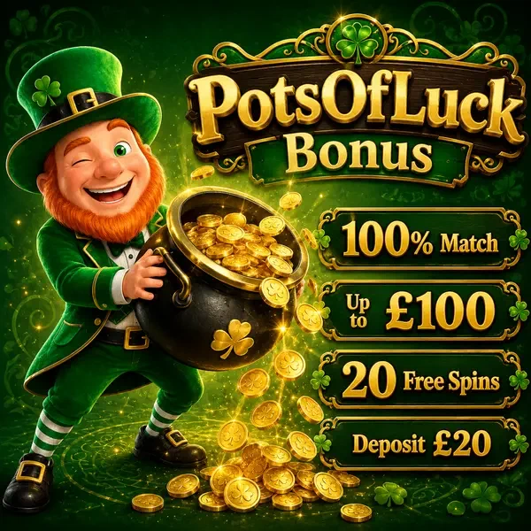Lucky leprechaun celebrating PotsOfLuck welcome bonus with overflowing pot of gold coins