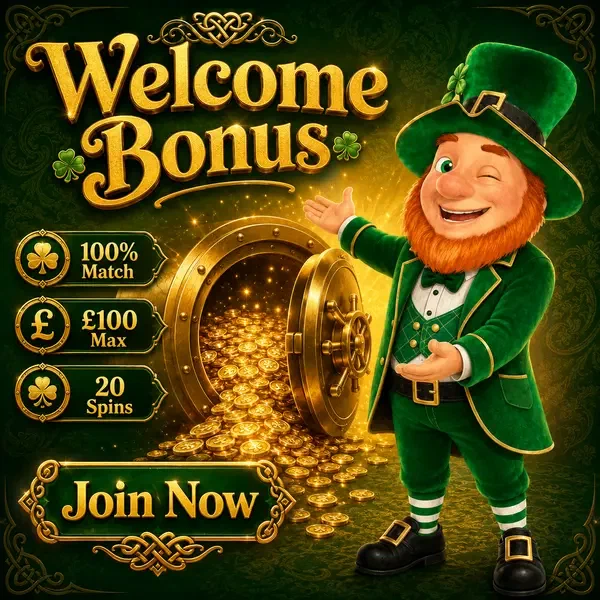 Lucky the Leprechaun gesturing toward golden vault overflowing with coins as player signs up at PotsOfLuck