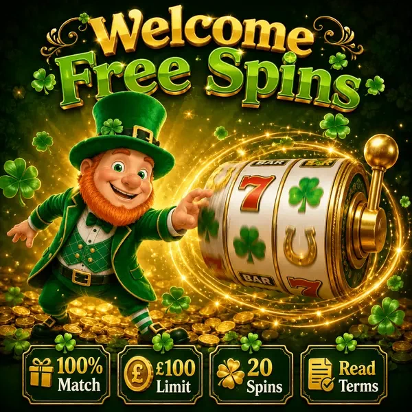 Lucky the Leprechaun spinning for free spins at PotsOfLuck amid golden clover petals