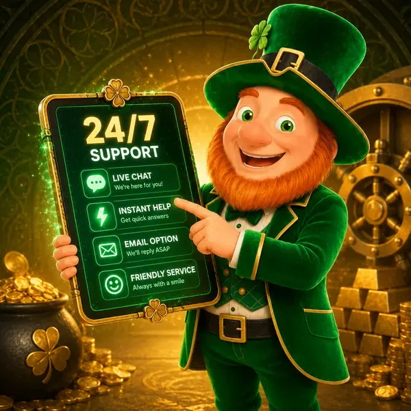 Lucky the leprechaun offering 24/7 support through PotsOfLuck live chat on magical tablet