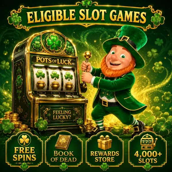 Lucky the Leprechaun excitedly pulling slot lever for PotsOfLuck free spins on emerald machine