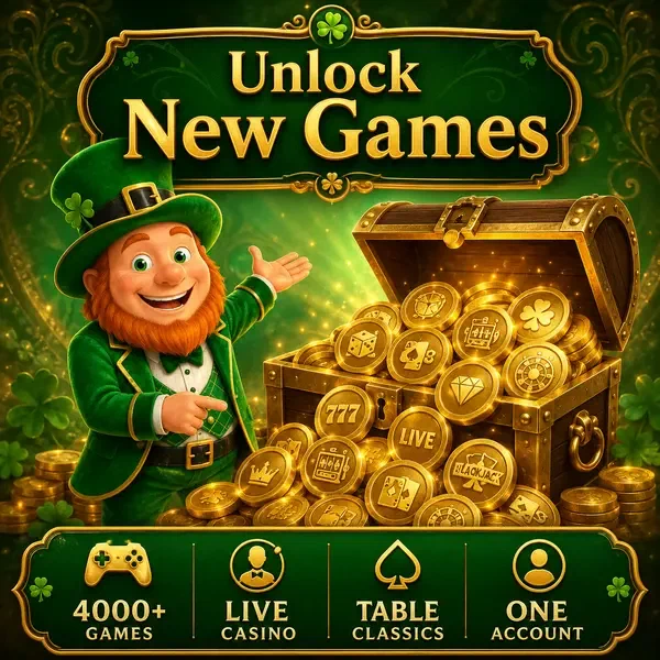 Lucky the Leprechaun gestures at treasure chest overflowing with game tokens as player signs up at PotsOfLuck