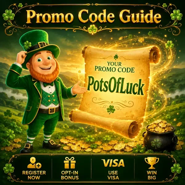 Lucky the leprechaun gesturing at glowing promo code scroll in PotsOfLuck treasure chamber