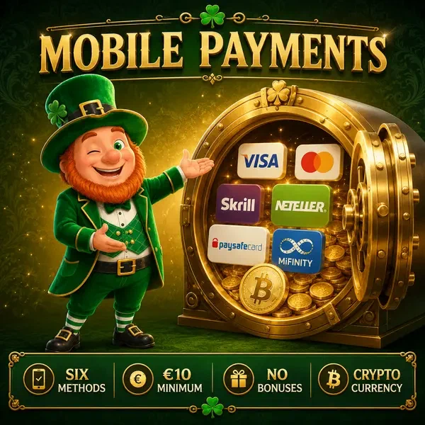 Lucky the leprechaun presents golden vault of mobile app payment methods at PotsOfLuck