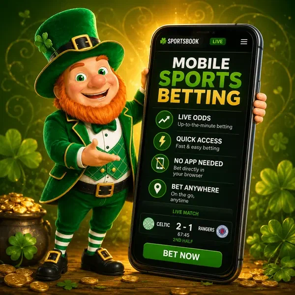 Lucky the Leprechaun showcasing mobile sports betting interface on glowing smartphone screen