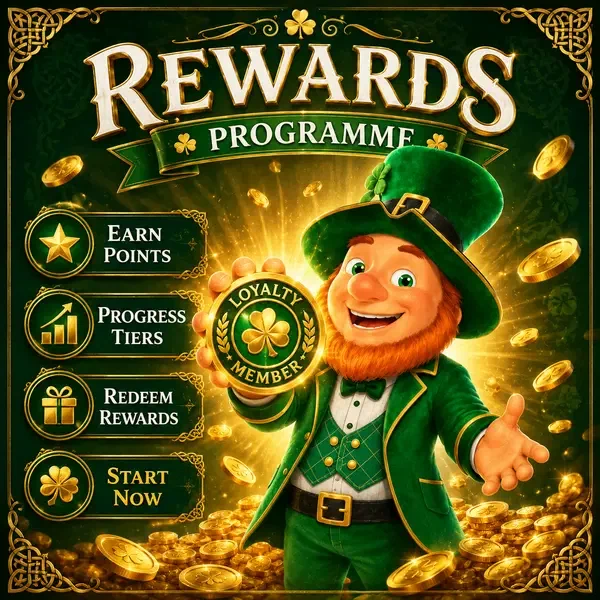 Lucky the leprechaun proudly displays glowing loyalty badge at PotsOfLuck rewards program