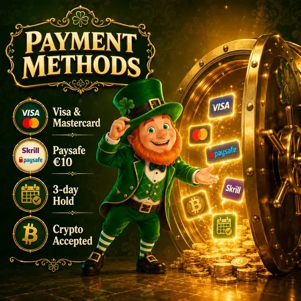 Lucky the Leprechaun exploring payment methods at PotsOfLuck golden treasure vault