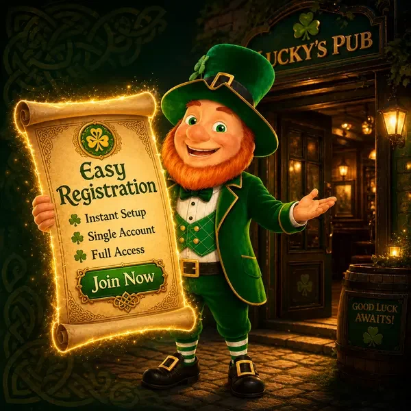 Lucky the leprechaun holds glowing signup scroll at PotsOfLuck entrance portal