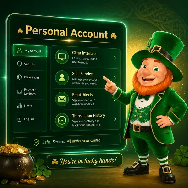 Lucky the Leprechaun guiding user through PotsOfLuck personal account dashboard interface