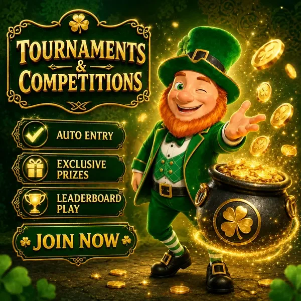 Lucky the Leprechaun tossing coins at PotsOfLuck tournaments with exclusive prizes