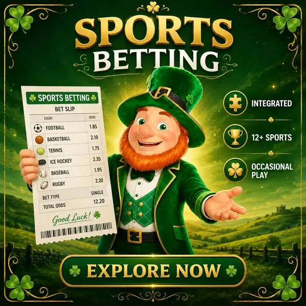 Lucky leprechaun holding sports betting slip at PotsOfLuck Casino green meadow backdrop