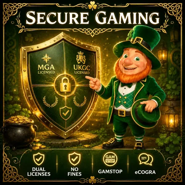 Lucky the Leprechaun presents dual licenses at PotsOfLuck secure gaming shield